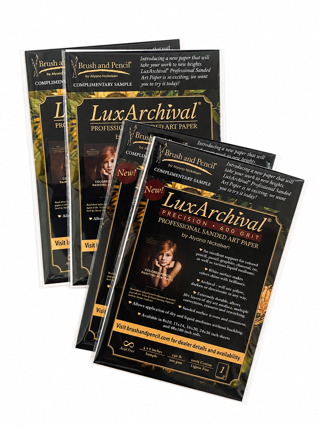 Four complimentary LuxArchival® 400 and 600 grit sanded art paper samples arranged on a white background.